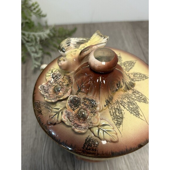 Vintage Betson Hand Painted Porcelain Lidded Box Bird & Flowers Yellow Pink Gold - Picture 6 of 10